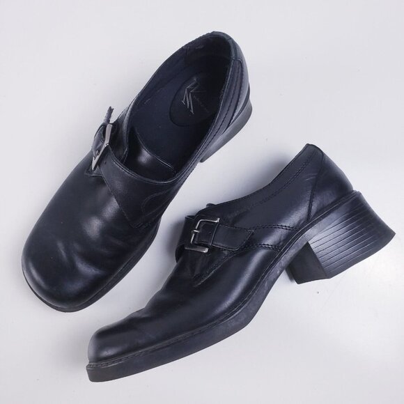 Vintage Shoes - Vintage 90s y2k Grunge Black Leather Square Toe Chunky Heel Buckle Loafer 8.5
